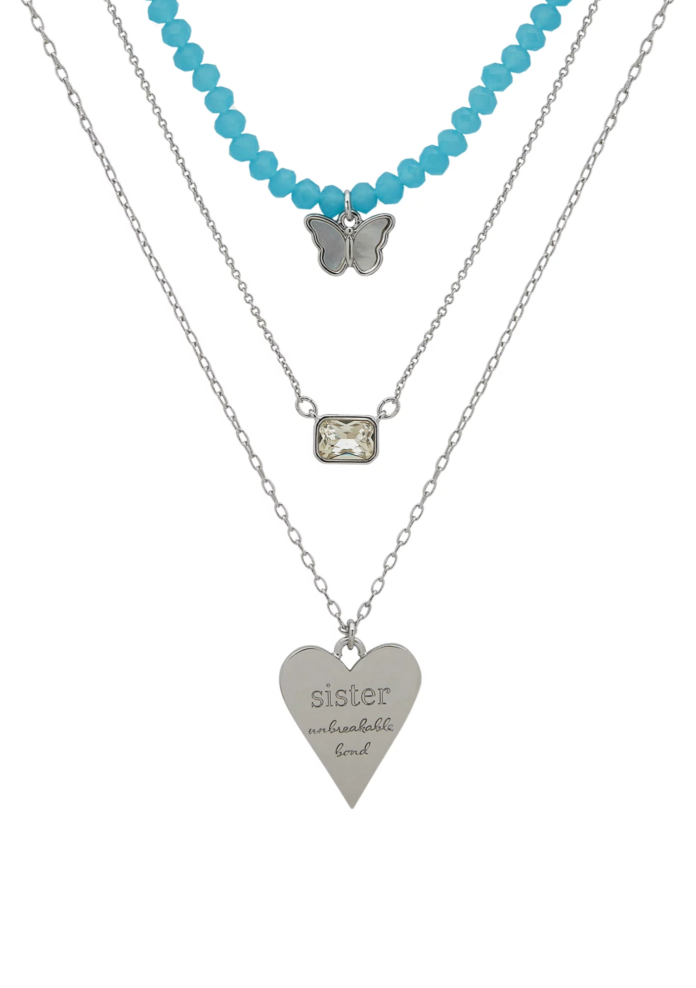 Silver Tone Set of 3 Crystal Sister Pendant Necklace