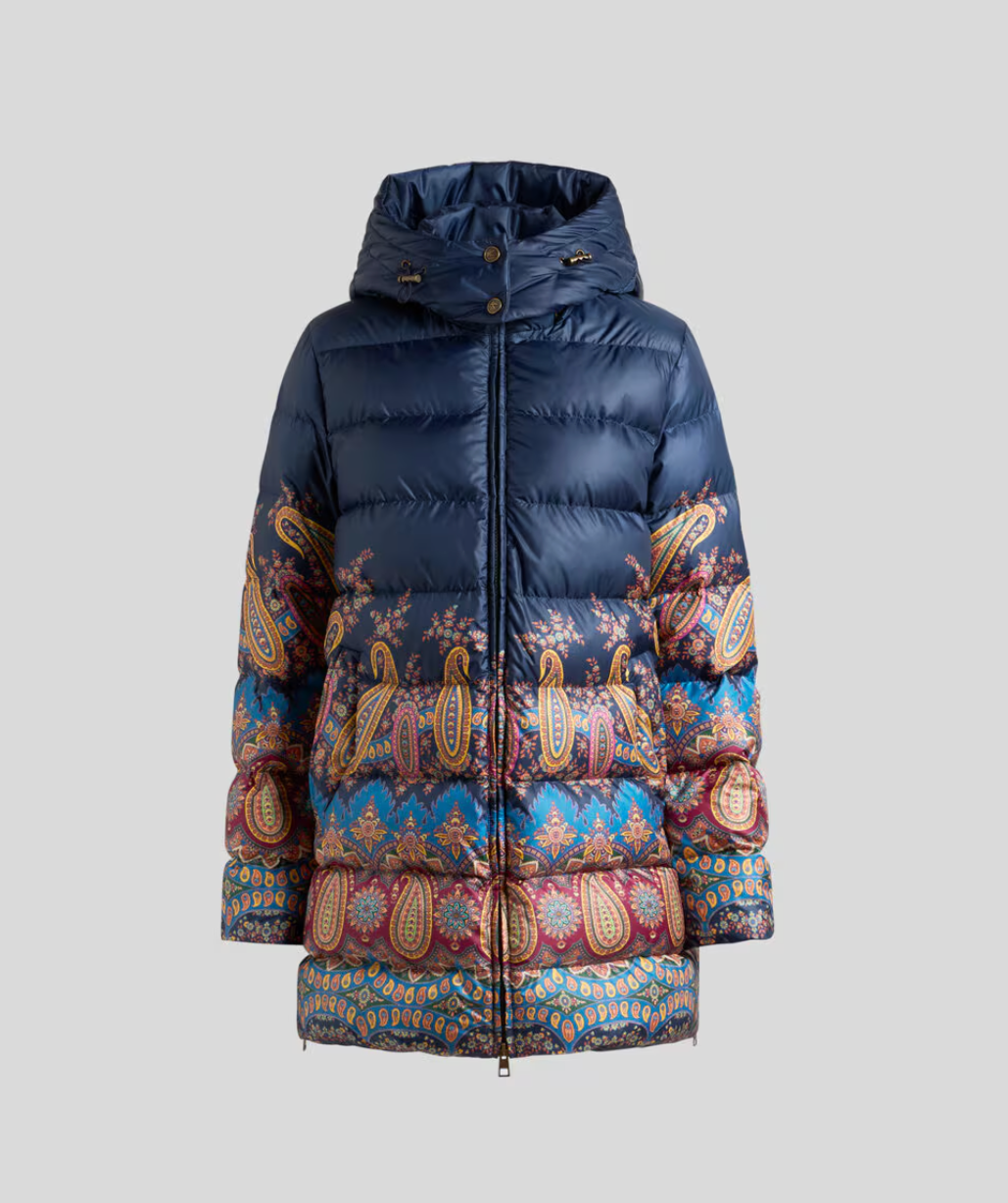 DOWN JACKET WITH HOOD AND PLACED PRINT