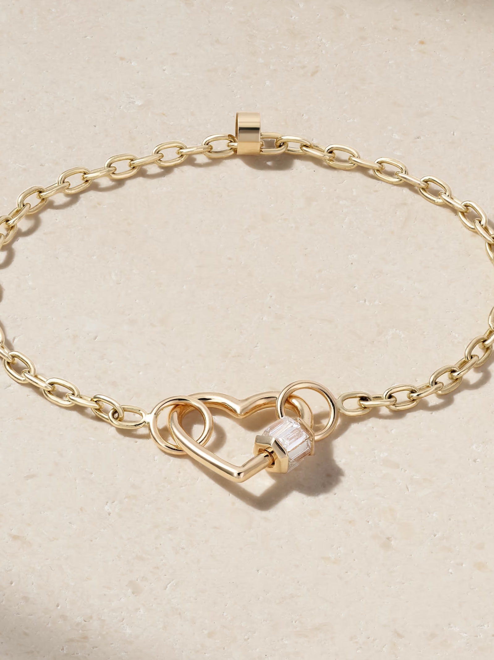 Baguette Baby Heart Lock + Pulley Chain 14-karat gold diamond bracelet