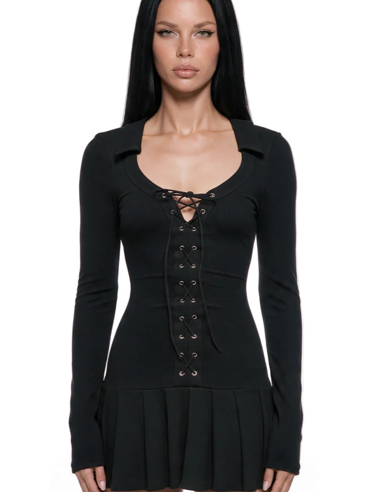 Static Lace Up Long Sleeve Mini Dress