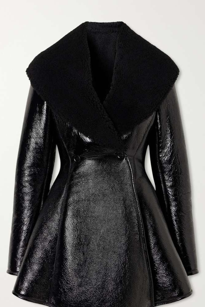 Double-breasted paneled shearling-trimmed glossed-leather coat