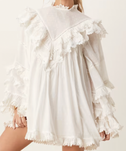 DESIGN high neck mini dress with angled ruffles in white