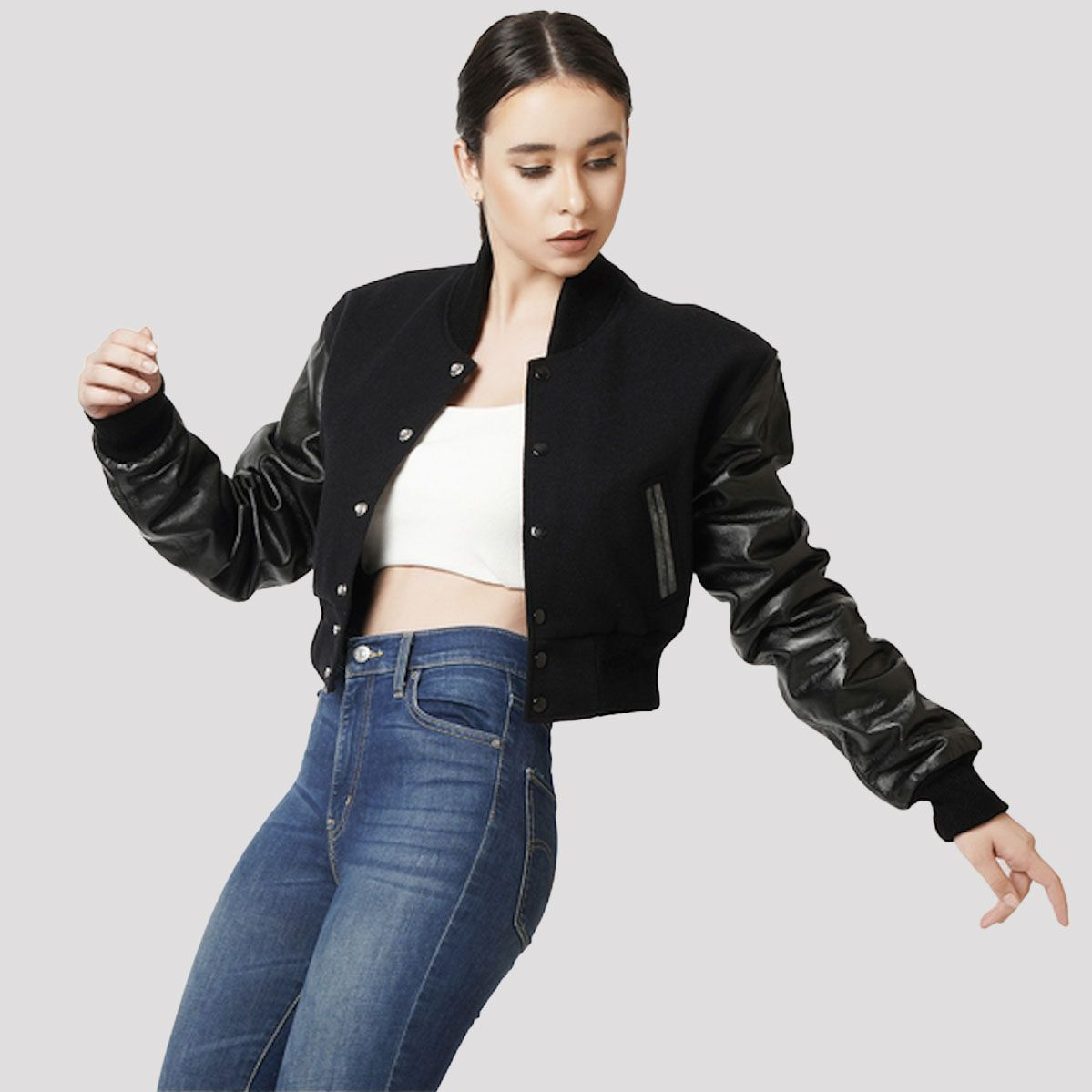 Varsity Base Black Wool & Black Leather Letterman Crop Top Jacket