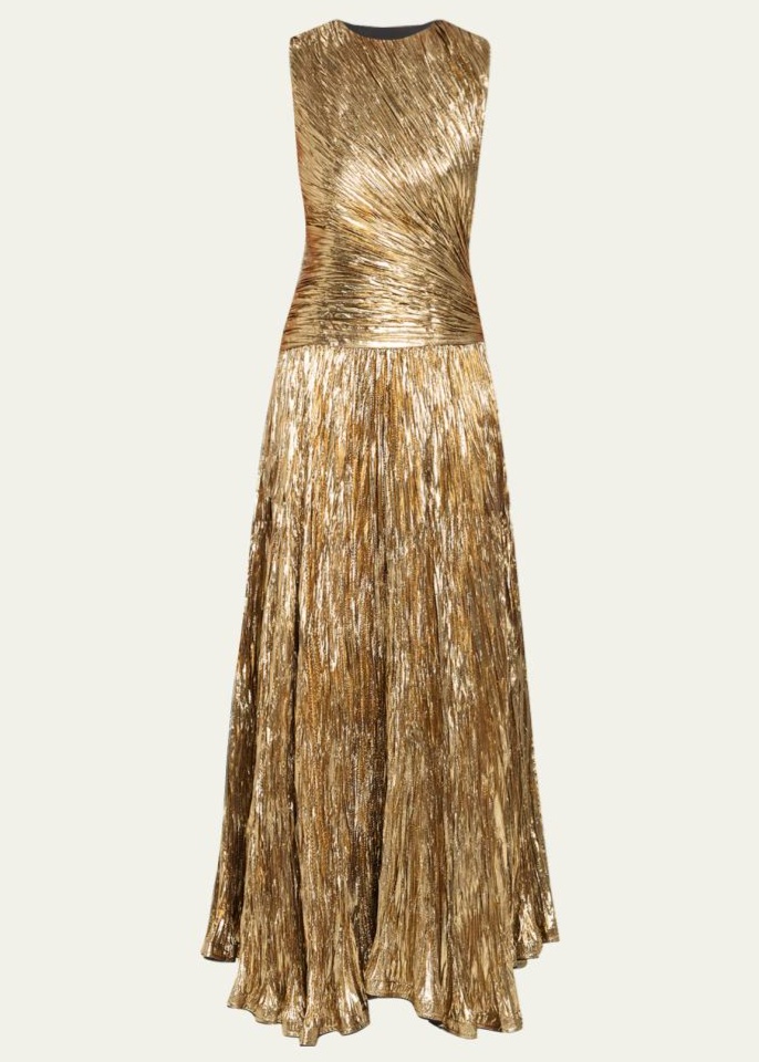 BERGDORF GOODMAN ULLA JOHNSON SLEEVELESS METALLIC PLISSE DROP-WAIST GOWN
