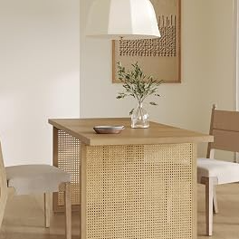 Nathan James Willow Boho Dining Table for 6 with Solid Wood Legs, 6-Person Natural Wood, Light Brown with Bohemian Rattan Accent