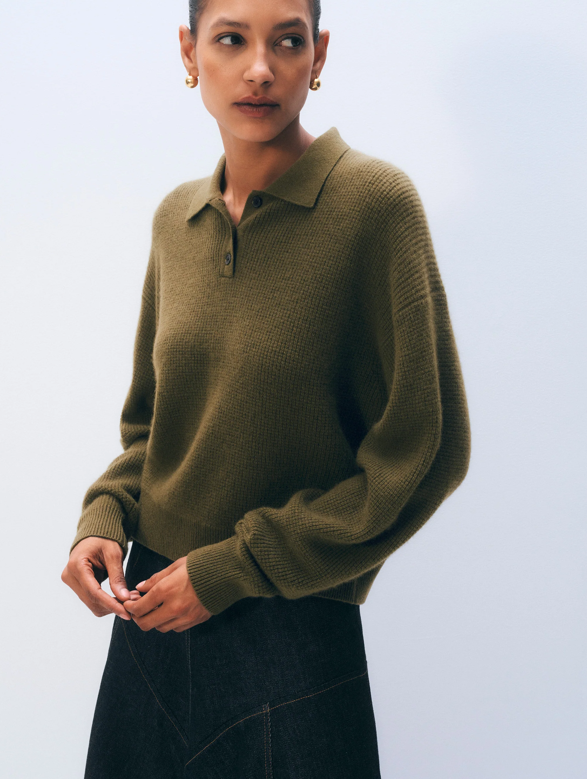 Cashmere Waffle Polo | Deep Olive