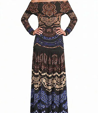 Nicole Black Off-The-Shoulder Long Sleeve Moon Jersey Maxi Dress