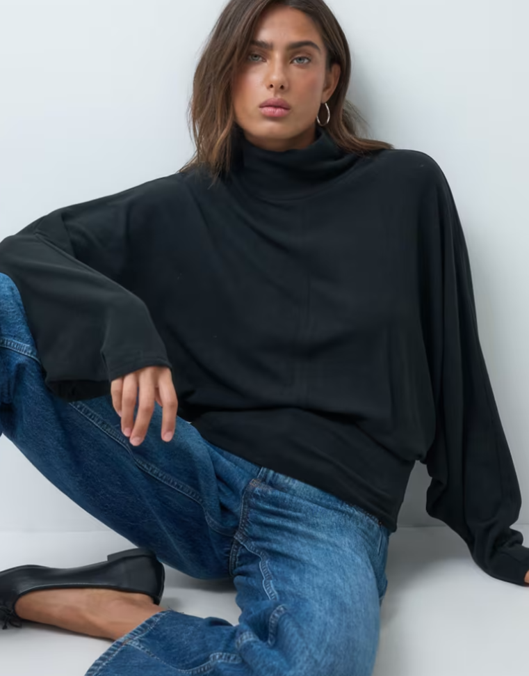 ASOS DESIGN supersoft draped funnel neck batwing sleeve top in black