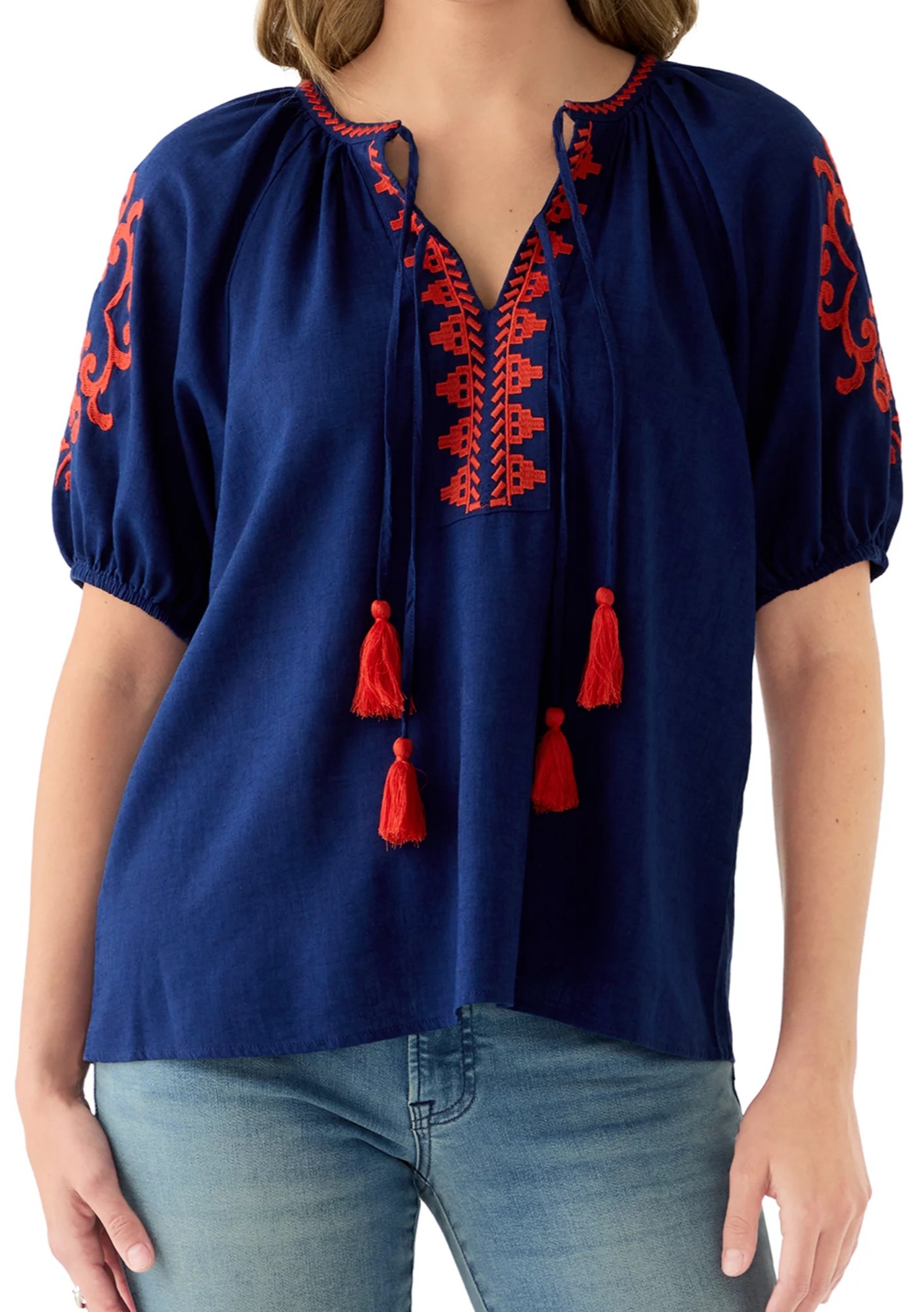 BELK WONDERLY WOMEN'S 3/4 SLEEVE EMBELLISHED PEASANT BLOUSE