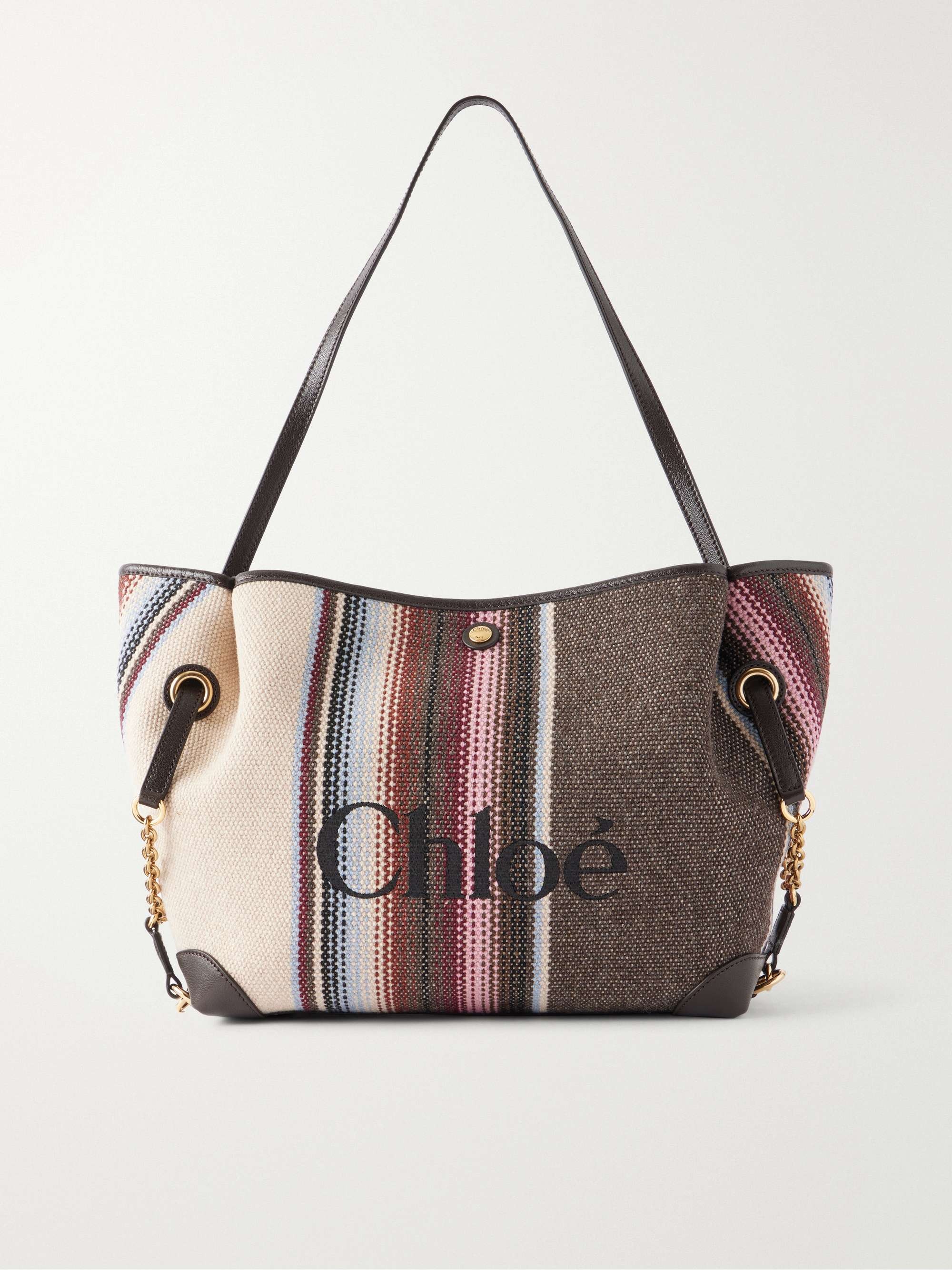 Clover leather-trimmed striped tweed tote