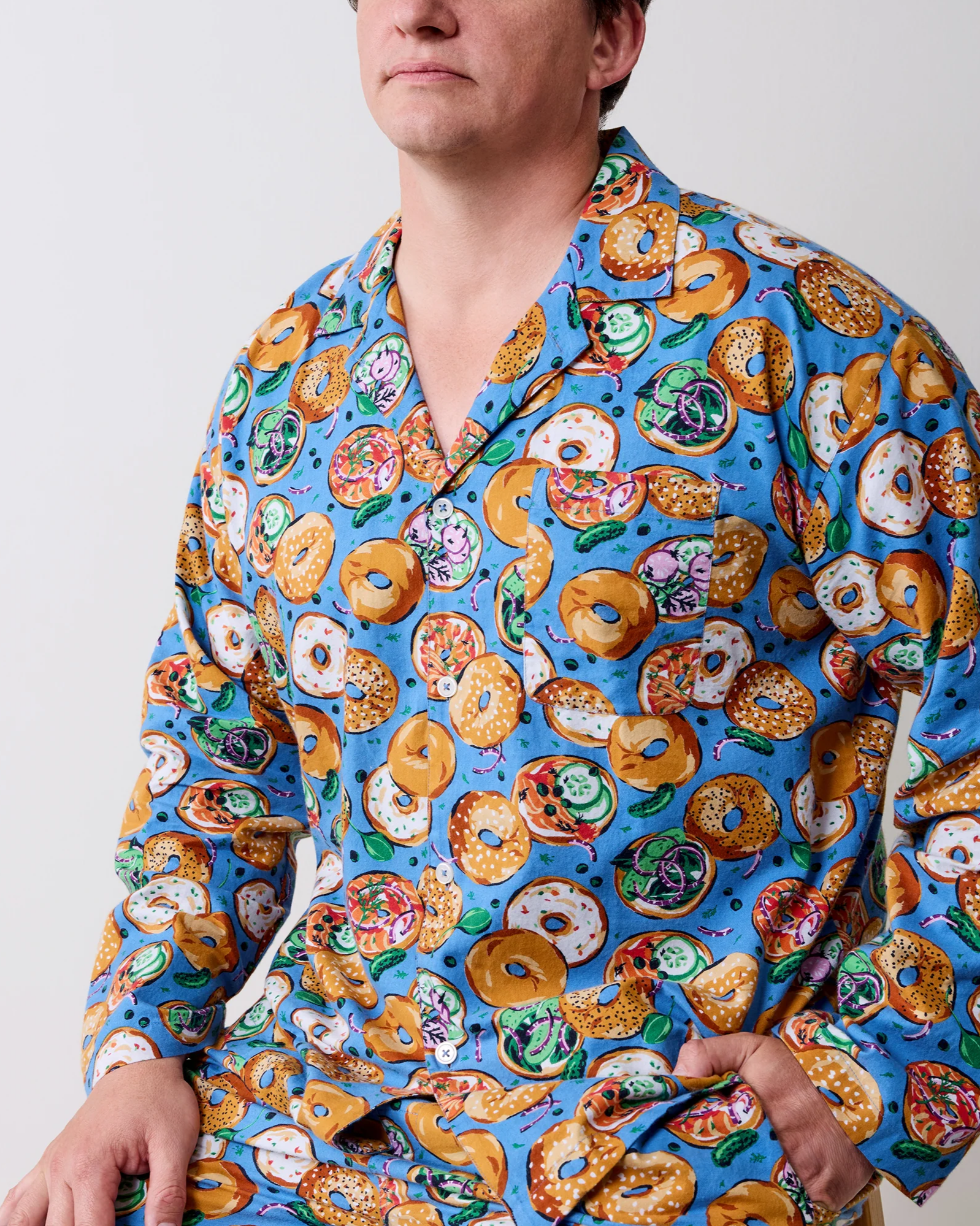 Bagels & Schmear - Men’s Lightweight Flannel Long PJ Set - Brunch Blues
