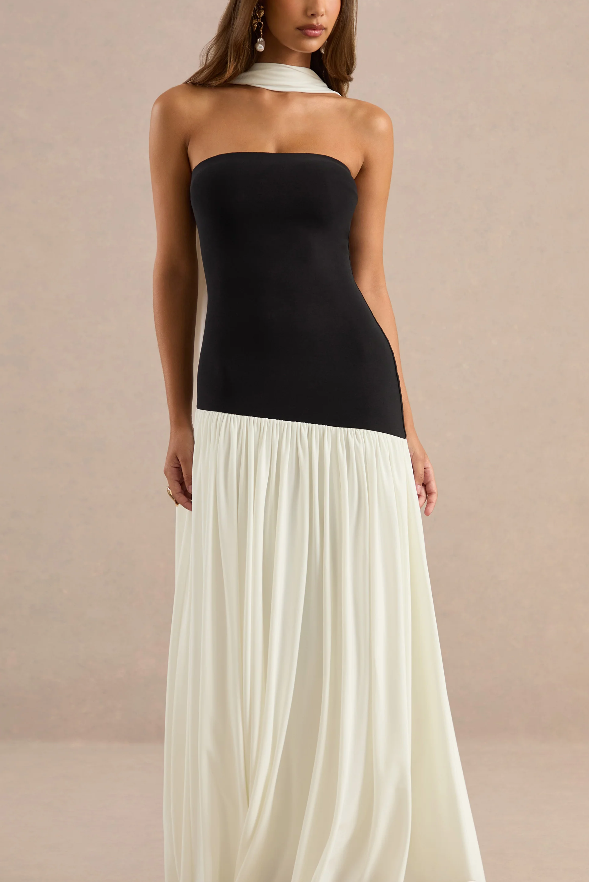 Monochrome Jersey Bandeau Maxi Dress with Scarf Detail