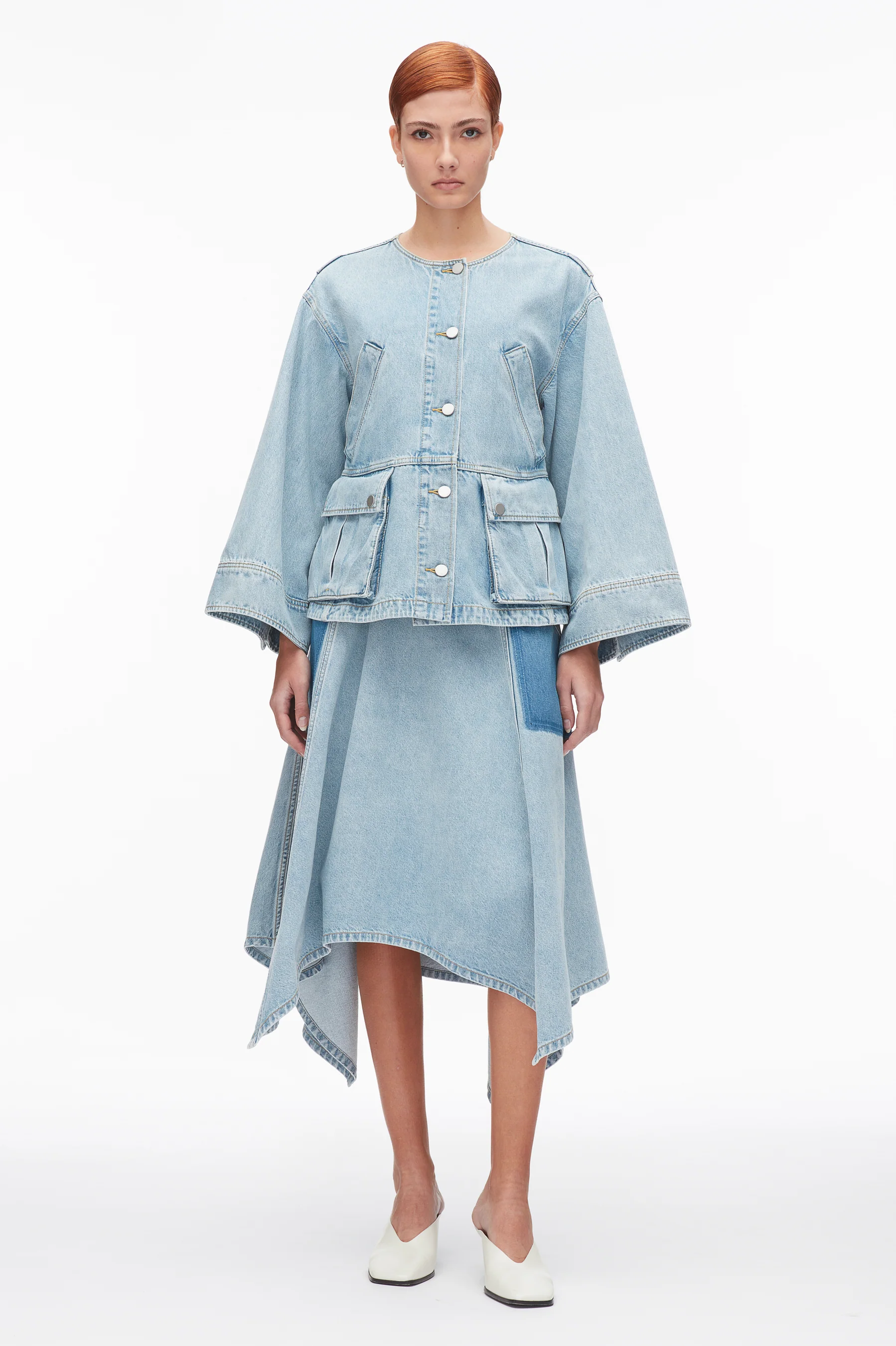 Collarless Trapeze Denim Jacket