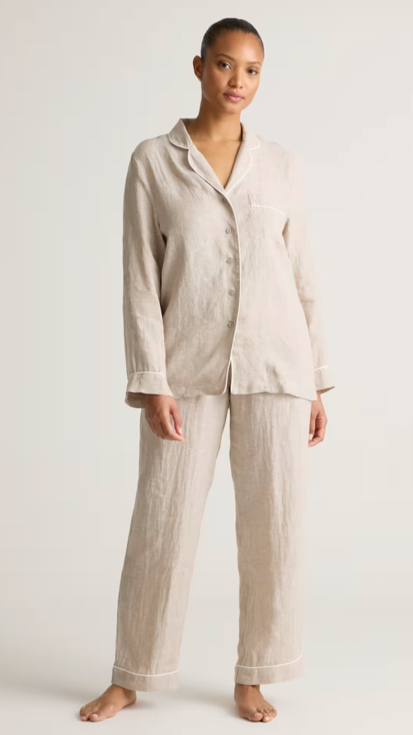 100% European Linen Long Sleeve Pajama Set with Piping