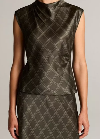 Diamond Plaid Silk Draped Cowl-Neck Top
