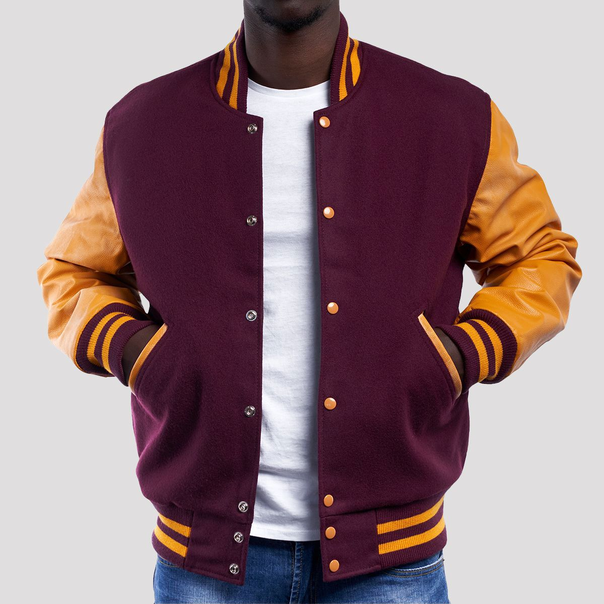 Varsity Base Maroon Wool Body & Bright Gold Leather Sleeves Letterman Jacket
