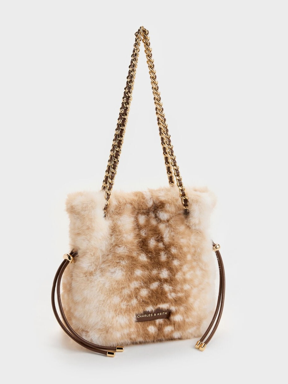 Arya Furry Deer-Print Braided-Chain Crossbody Bag - Animal Print Brown