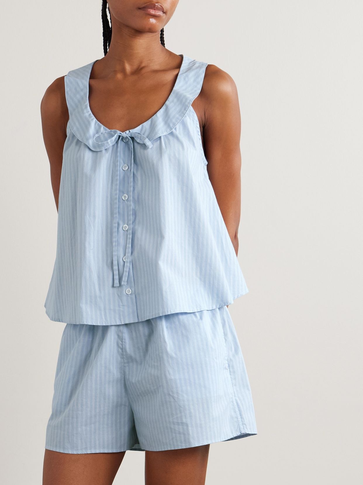 Round Collar tie-detailed striped organic cotton shirt and shorts set