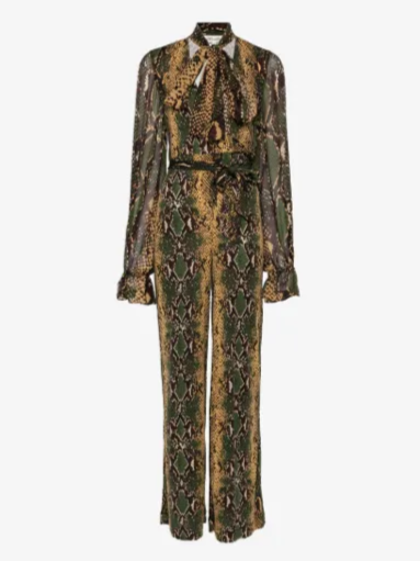 Lucia Snakeskin-Print Pussy-Bow Jumpsuit