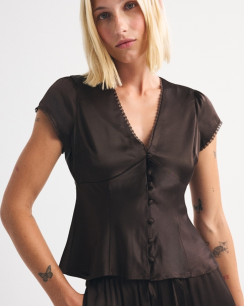 Lace-Trim Satin Button-Up Blouse
