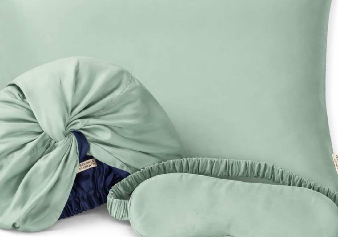Clementine Sleepwear Essentials Organic Match Point Green Sleep Mask + Hair Bonnet + Queen Size Pillow