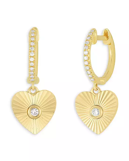 14K Yellow Gold Diamond Fluted Heart Charm Hoop Earrings