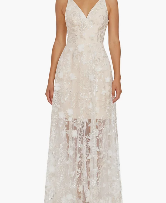 Women's Sidney 3D Floral Embroidery and Sequin V-Neck Floor-Length Gown