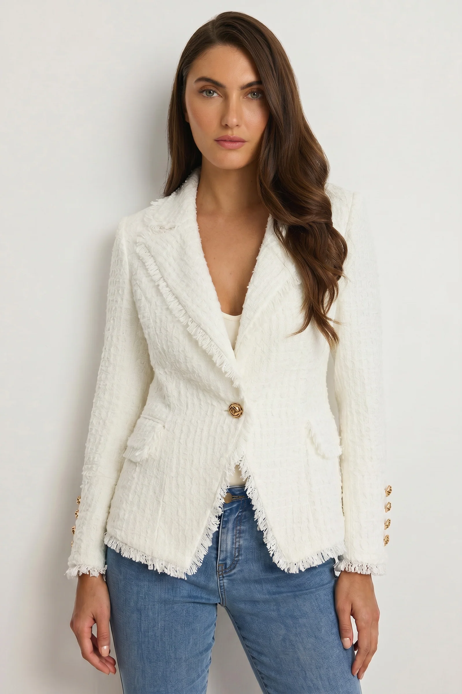 Giselle Single Breasted Tweed Blazer - White