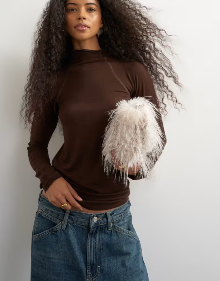 Topshop seamed funnel neck long sleeve top in chocolate