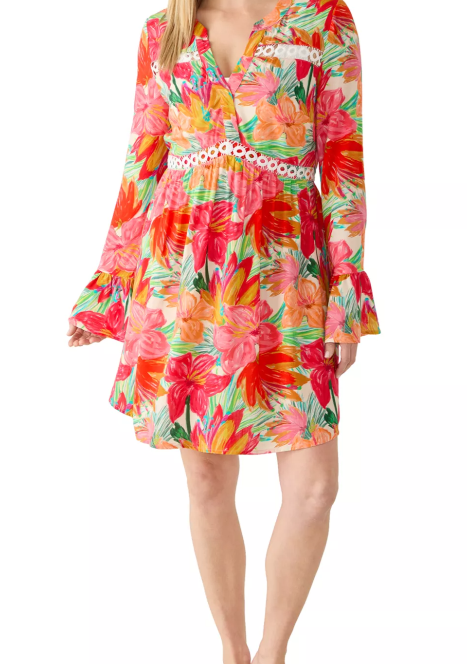 Women's Lace Inset V-Neck Bell Sleeve Dress
