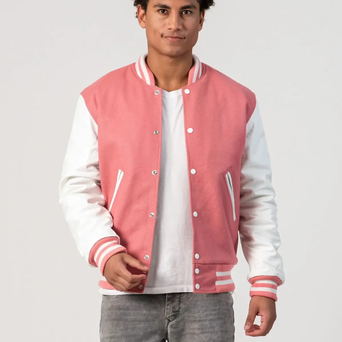 Varsity Base Pink Wool Body & Bright White Leather Sleeves Letterman Jacket