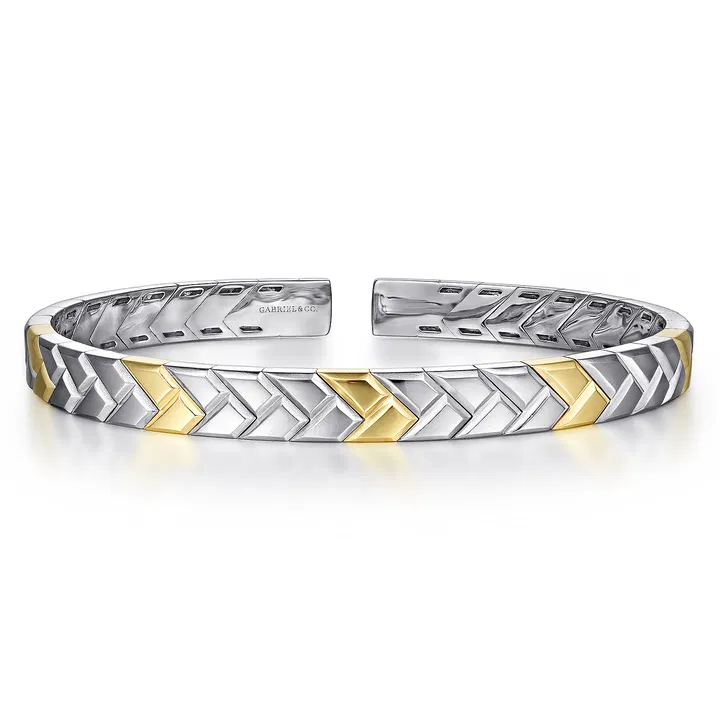 Gabriel Co Open Cuff Bangle Herringbone 925 Sterling Silver and 14K Yellow Gold 7mm