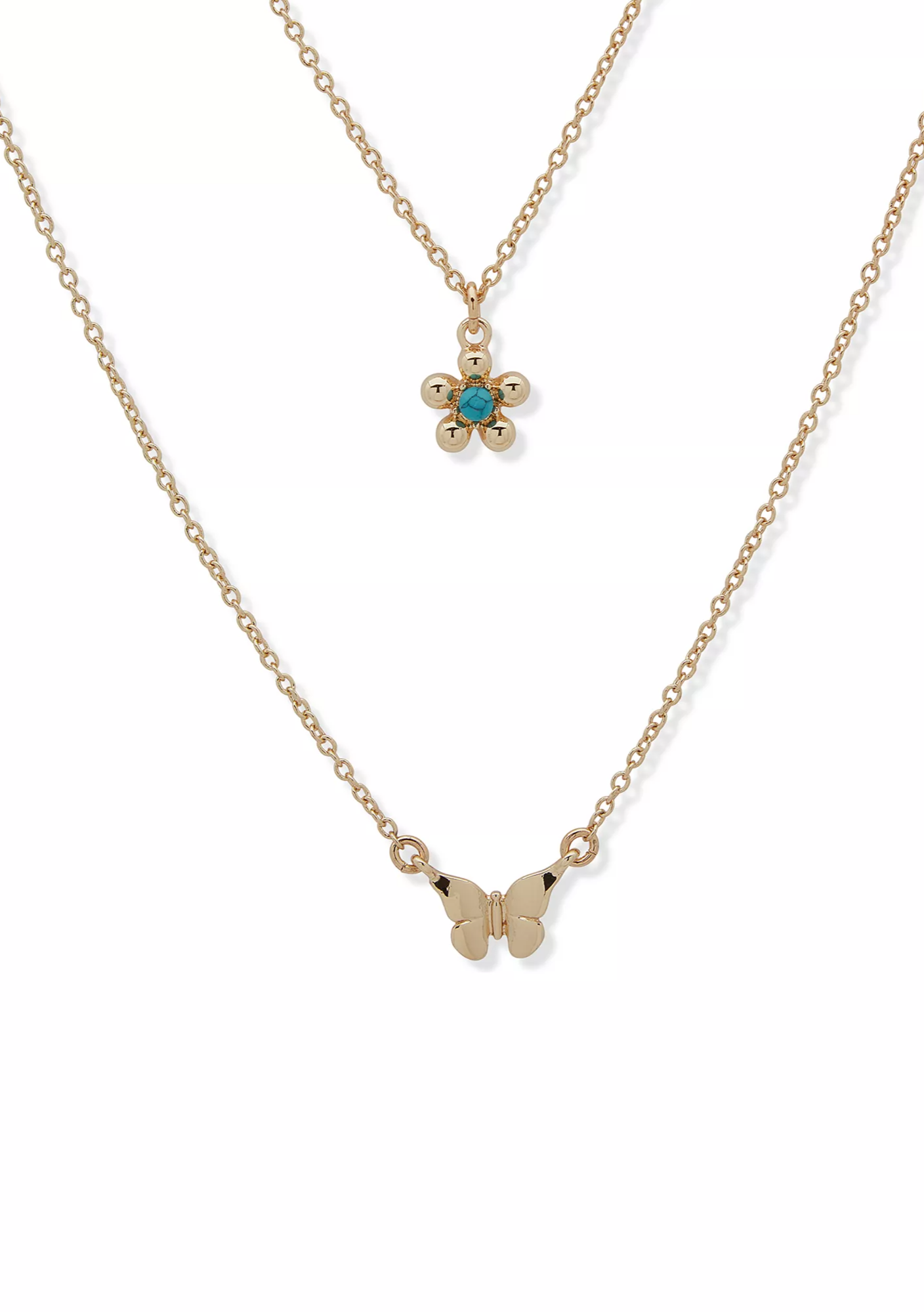 Gold Tone Turquoise Multirow Flower Butterfly Pendant Necklace