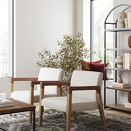Nathan James Hudson Accent Living Room Chair, Comfy Reading Bedroom Chair, Mid-Century Wood Armchair, Upholstered Fabric and Leather Armrest, Set of 2