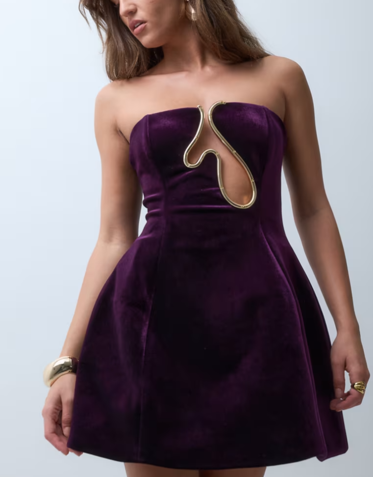 ASOS DESIGN Premium velvet bandeau sculpted mini dress with gold trim in dark plum