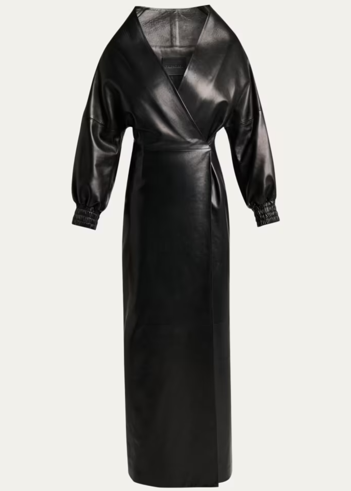 Sculpted Leather Long-Sleeve Maxi Wrap Dress