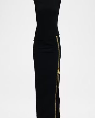 Mock-Neck Zip Slit Sleeveless Gown