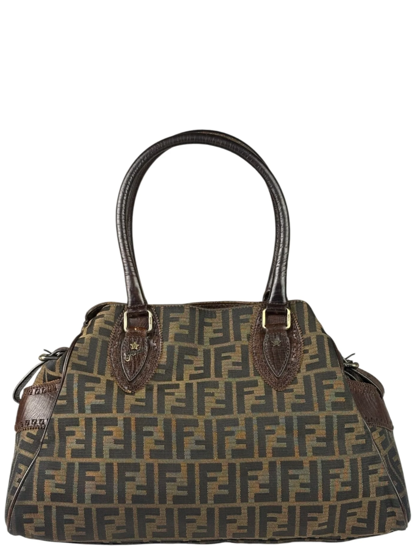 Fendi Vintage Brown Leather Trim Zucca De Jour Media Tote