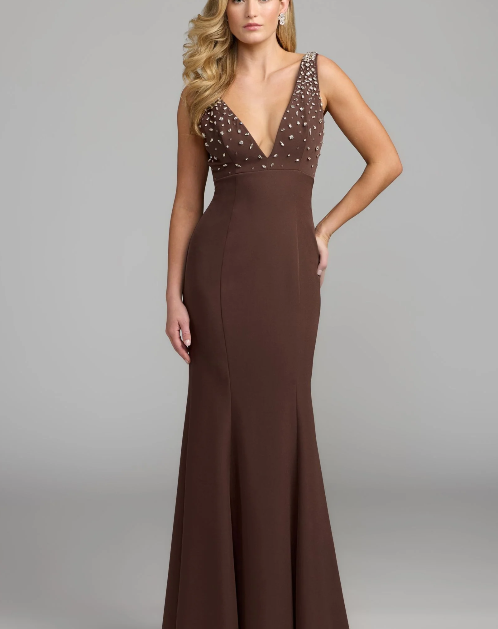 Brown Embellished Crepe Sleeveless V-Neck Gown