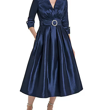 Jessica Howard Stretch Taffeta V Neck Collared 3/4 French Cuff Sleeves Rhinestone Belted Dress
