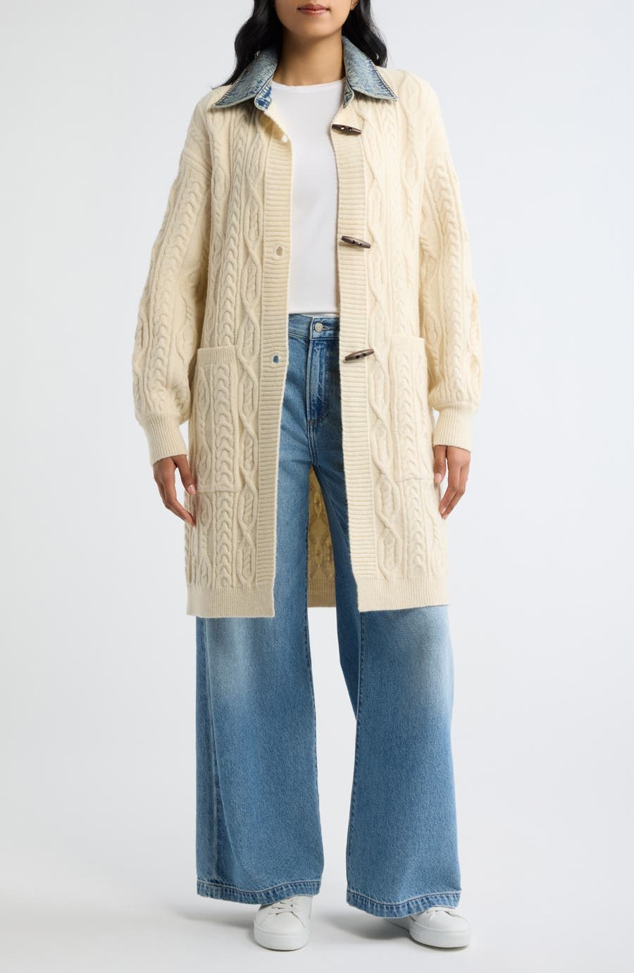 Denim Collar Cable Long Cardigan