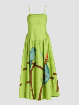 Bird Print Poplin Tea-Length Dress