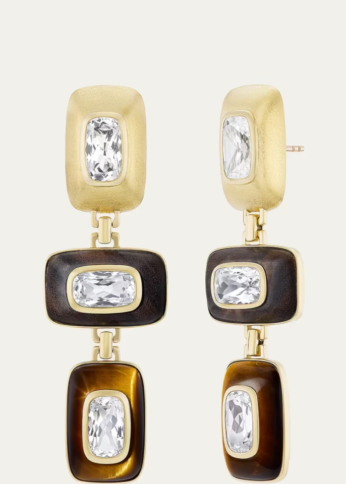 18K Yellow Gold, Tiger's Eye & Topaz Drop Earrings