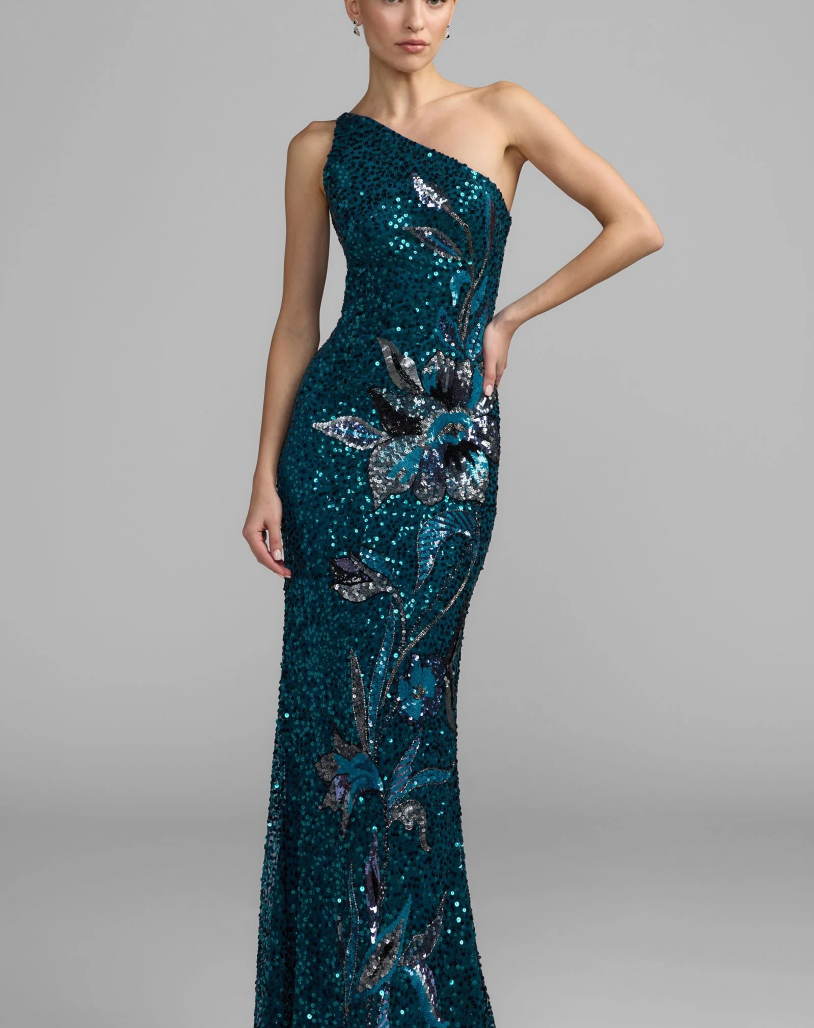 Petite Teal Floral Sequin One Shoulder Gown