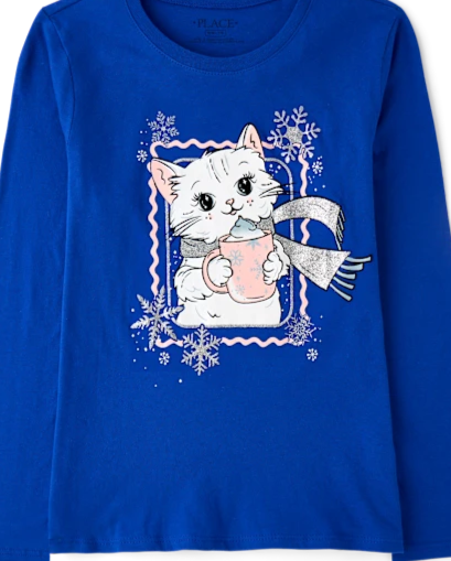 Girls Winter Cat Graphic Tee