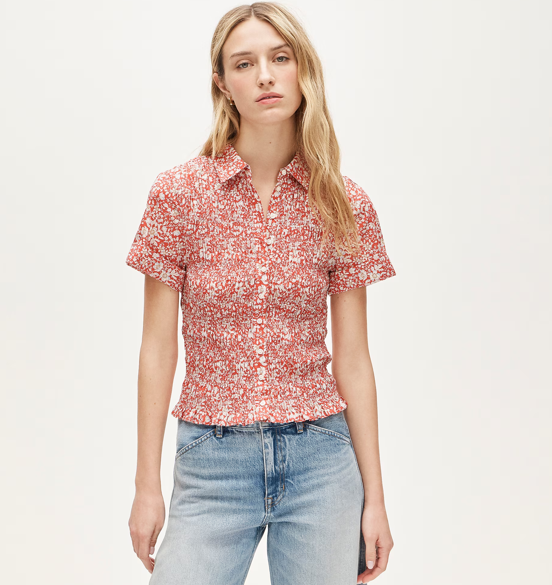 Smocked button-up short-sleeve shirt in floral print
