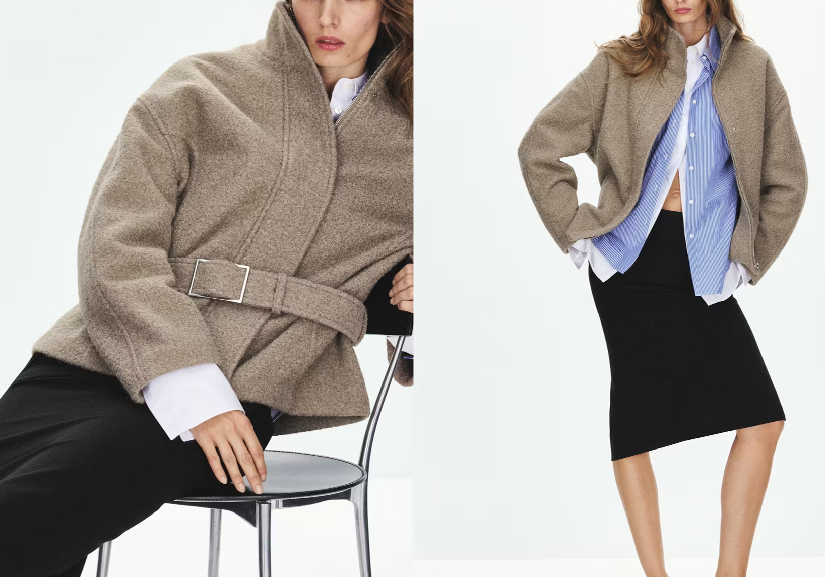 Coat With Funnel Neck And Belt