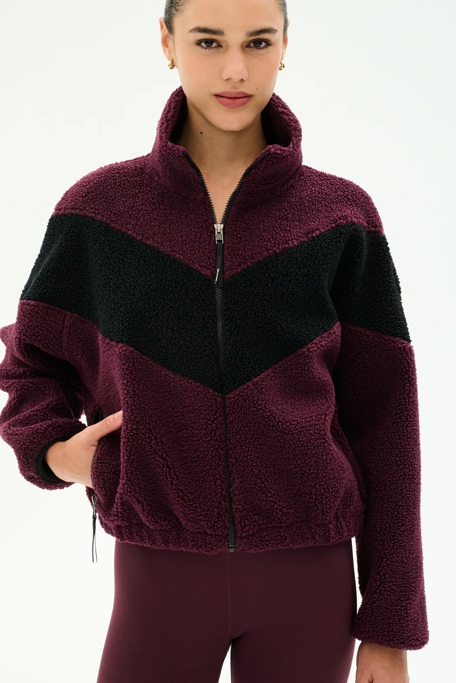 Lottie Chevron Sherpa Full Zip Jacket - Dark Cherry/Black