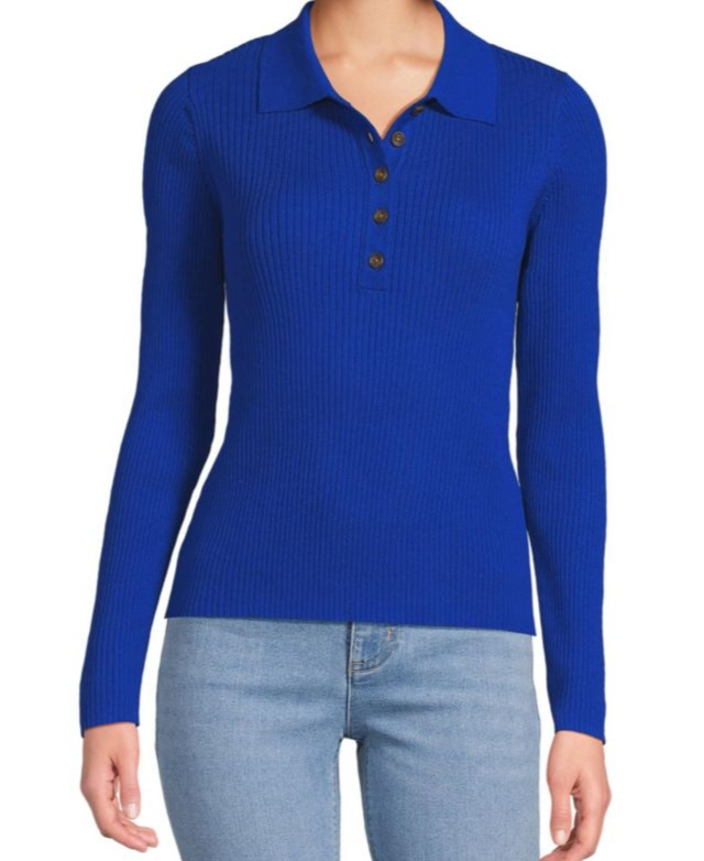 Women's Cotton Ribbed Long Sleeve Polo Sweater