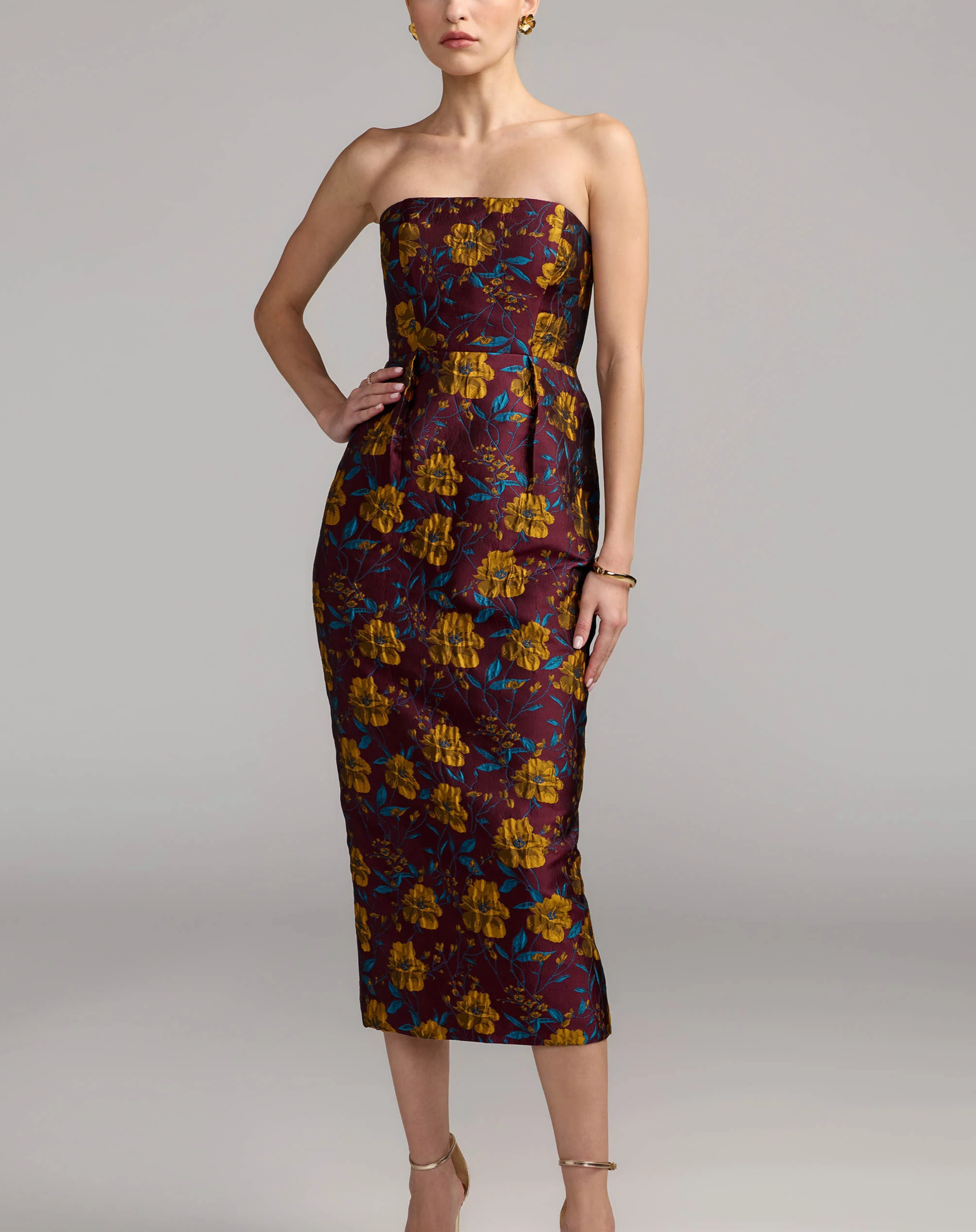 Burgundy Floral Brocade Strapless Fitted Midi Dress